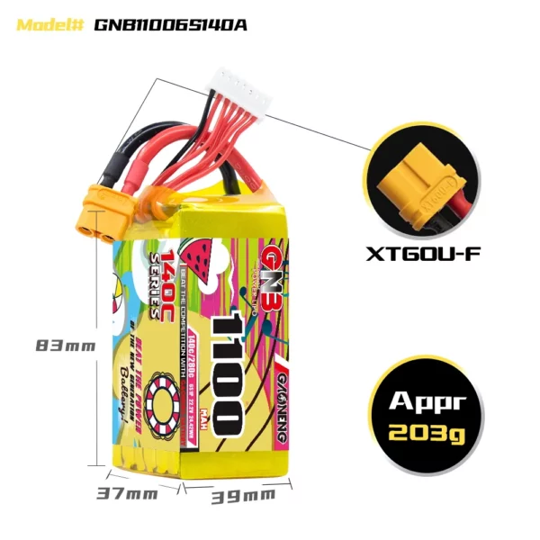 GAONENG GNB 6S 22.2V 1100mAh 140C XT60 LiPo Battery - Image 2