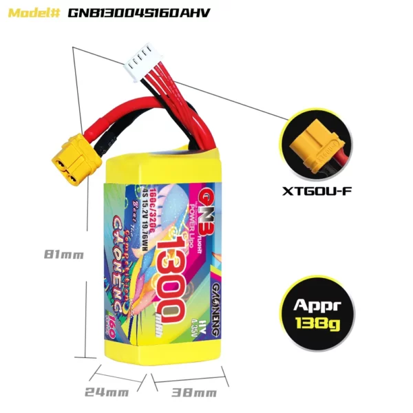 GAONENG GNB LiHV 4S 15.2V 1300mAh 160C XT60 LiPo Battery - Image 2