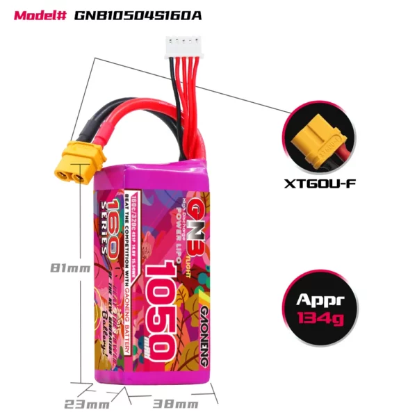 GAONENG GNB 4S 14.8V 1050mAh 160C XT30 LiPo Battery - Obrázek 2