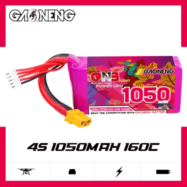 GAONENG GNB 4S 14.8V 1050mAh 160C XT30 LiPo Battery - Obrázek 3