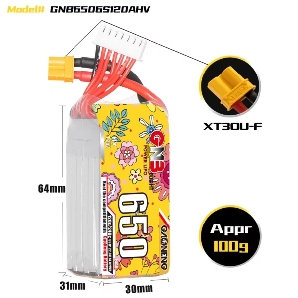 GAONENG GNB LiHV 6S 22.8V 650mAh 120C XT30 LiPo Battery - Image 2