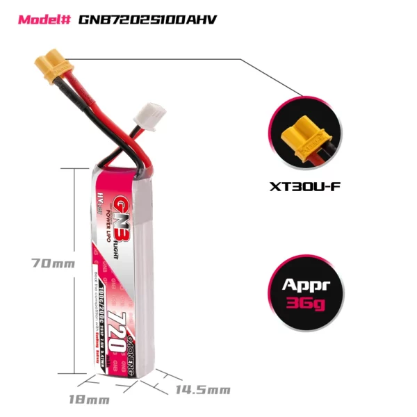 GAONENG GNB LiHV 2S 7.6V 720mAh 100C XT30 LiPo Battery - Image 2