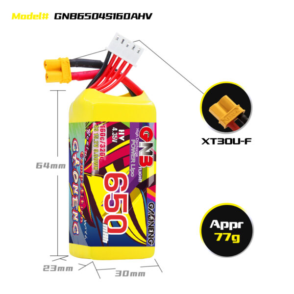 GAONENG GNB LiHV 4S 15.2V 650mAh 160C XT30 HV LiPo Battery - Obrázek 2