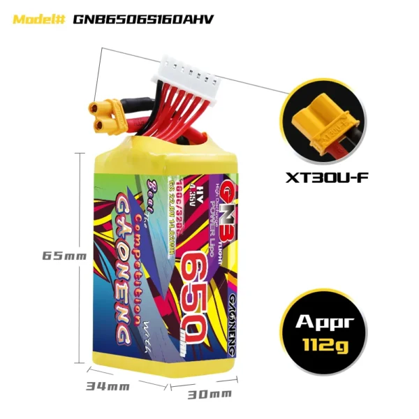 GNB LiHV 6S 22.8V 650mAh 160C XT30 LiPo Battery - Obrázek 3