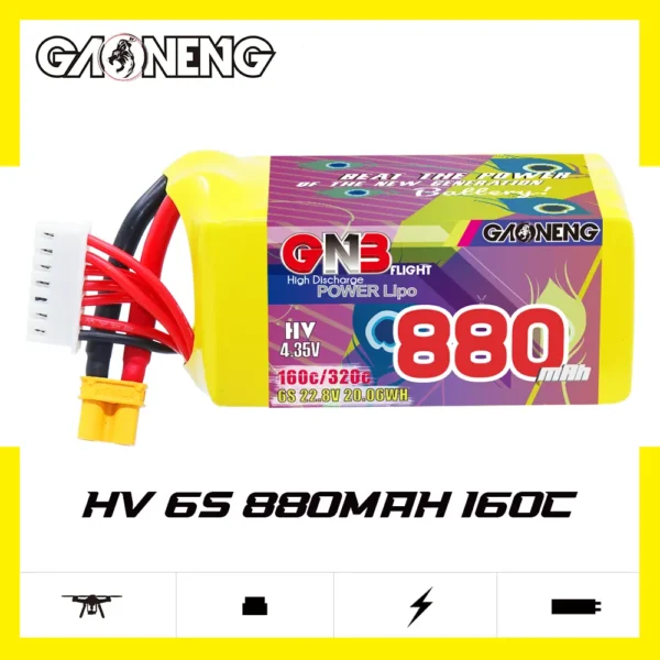 GAONENG GNB LiHV 6S 22.8V 880mAh 160C XT30 LiPo Battery - Obrázek 2