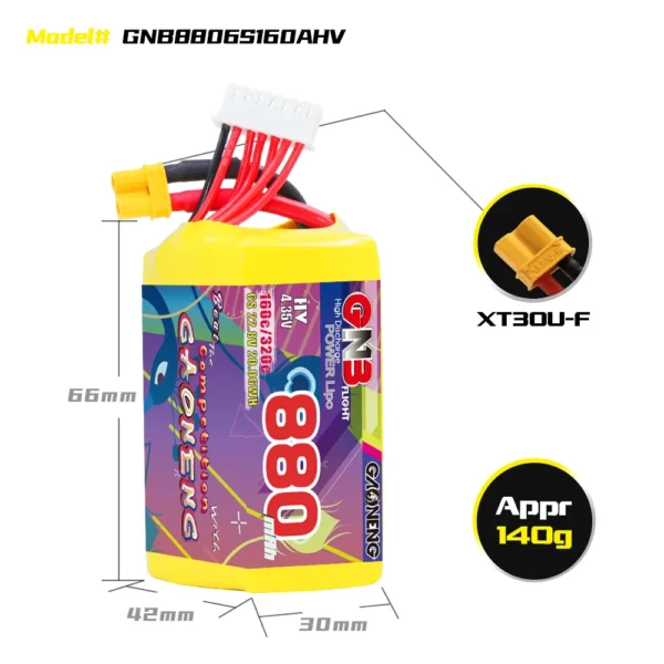 GAONENG GNB LiHV 6S 22.8V 880mAh 160C XT30 LiPo Battery - Obrázek 3